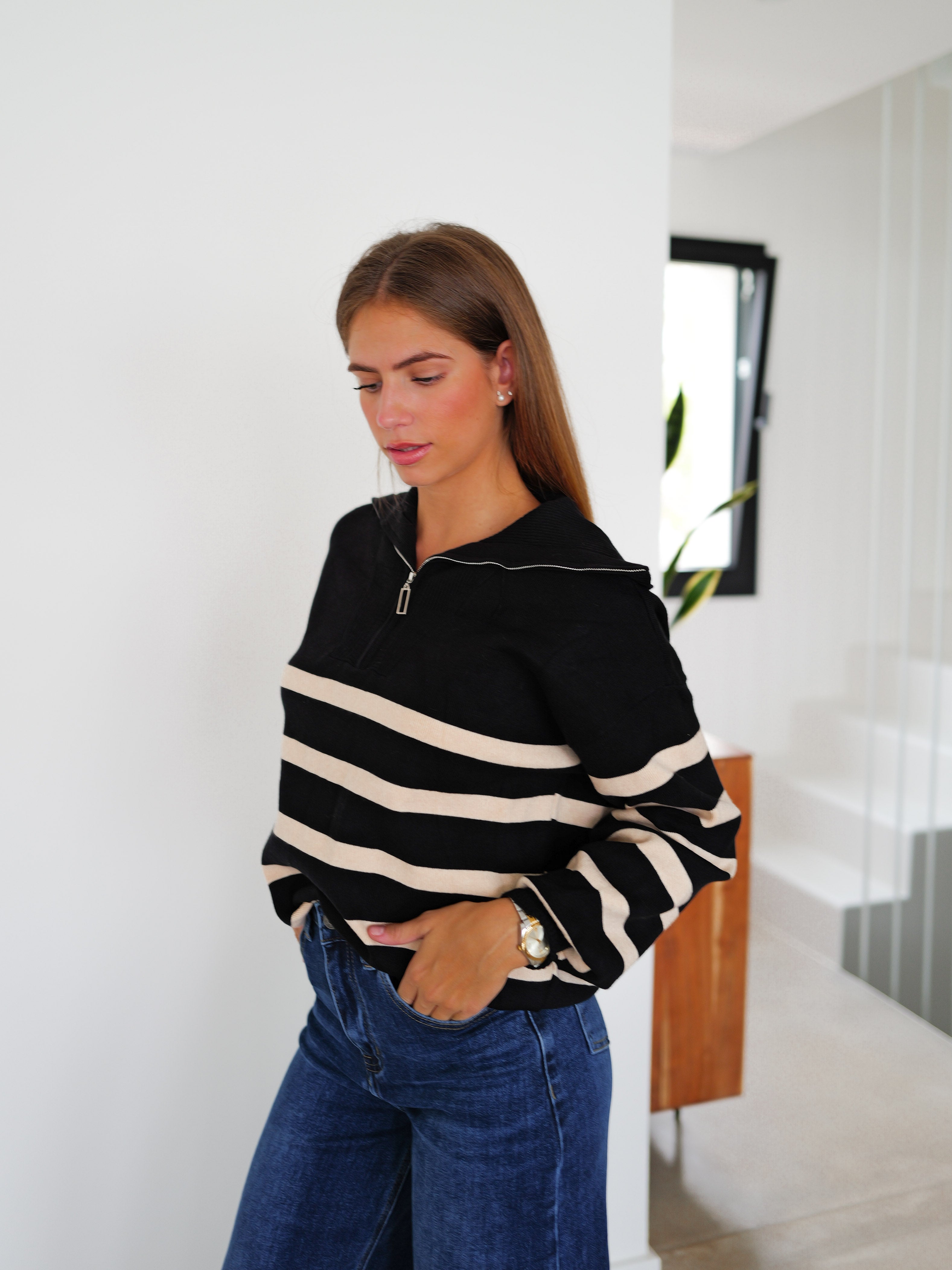 Black striped zipper sweater