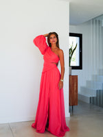 Coral tulle dress with asymmetrical sleeves