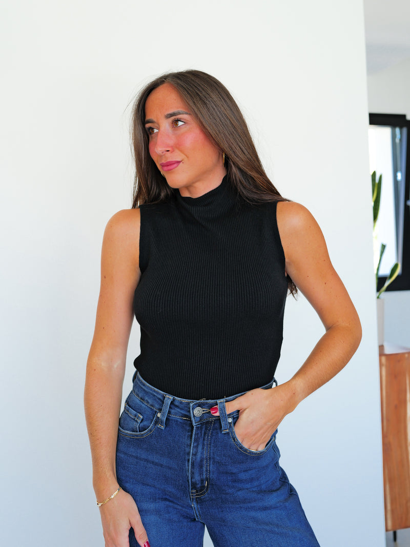 Black ribbed collar top