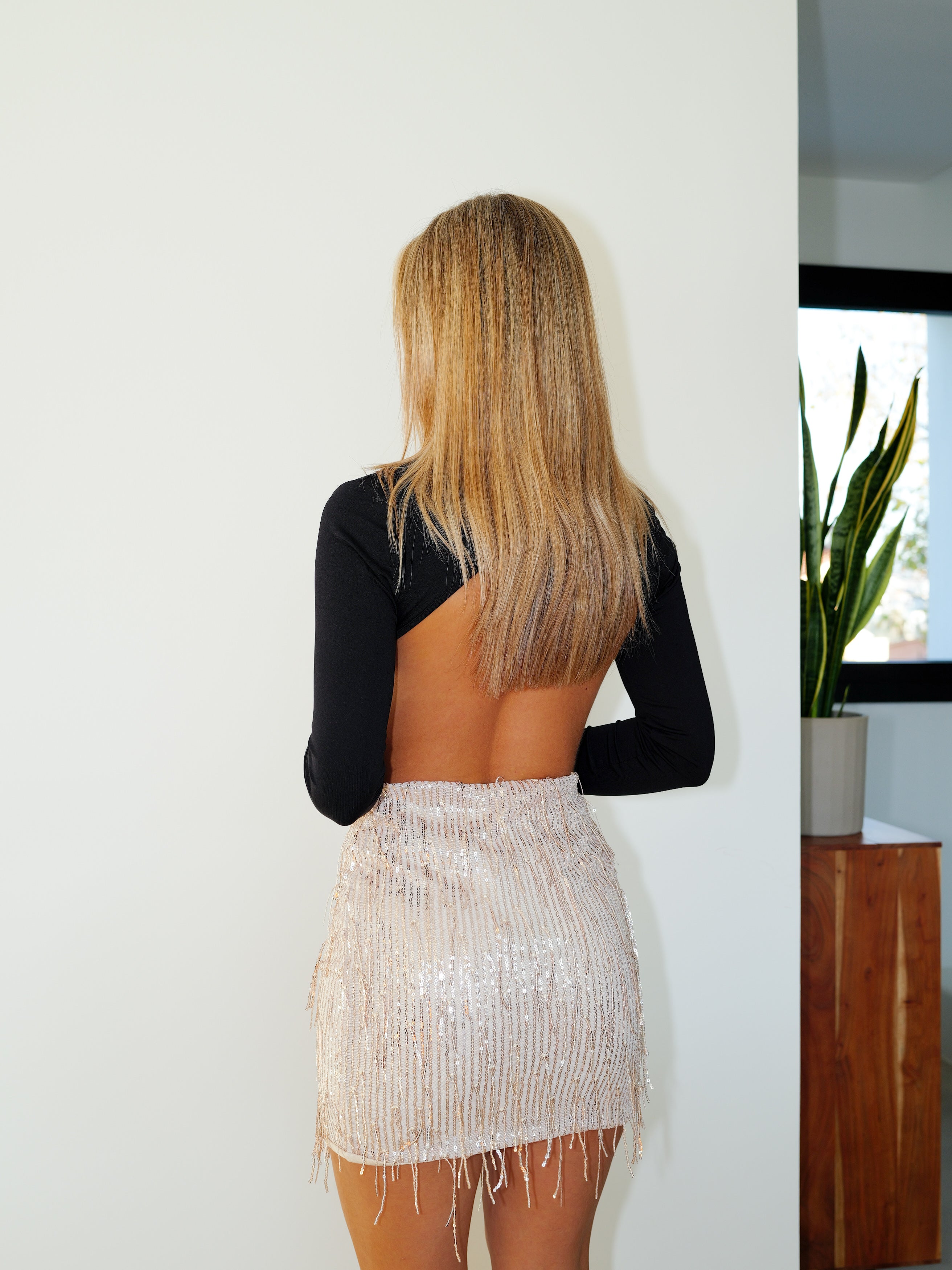 Beige fringed glitter mini skirt