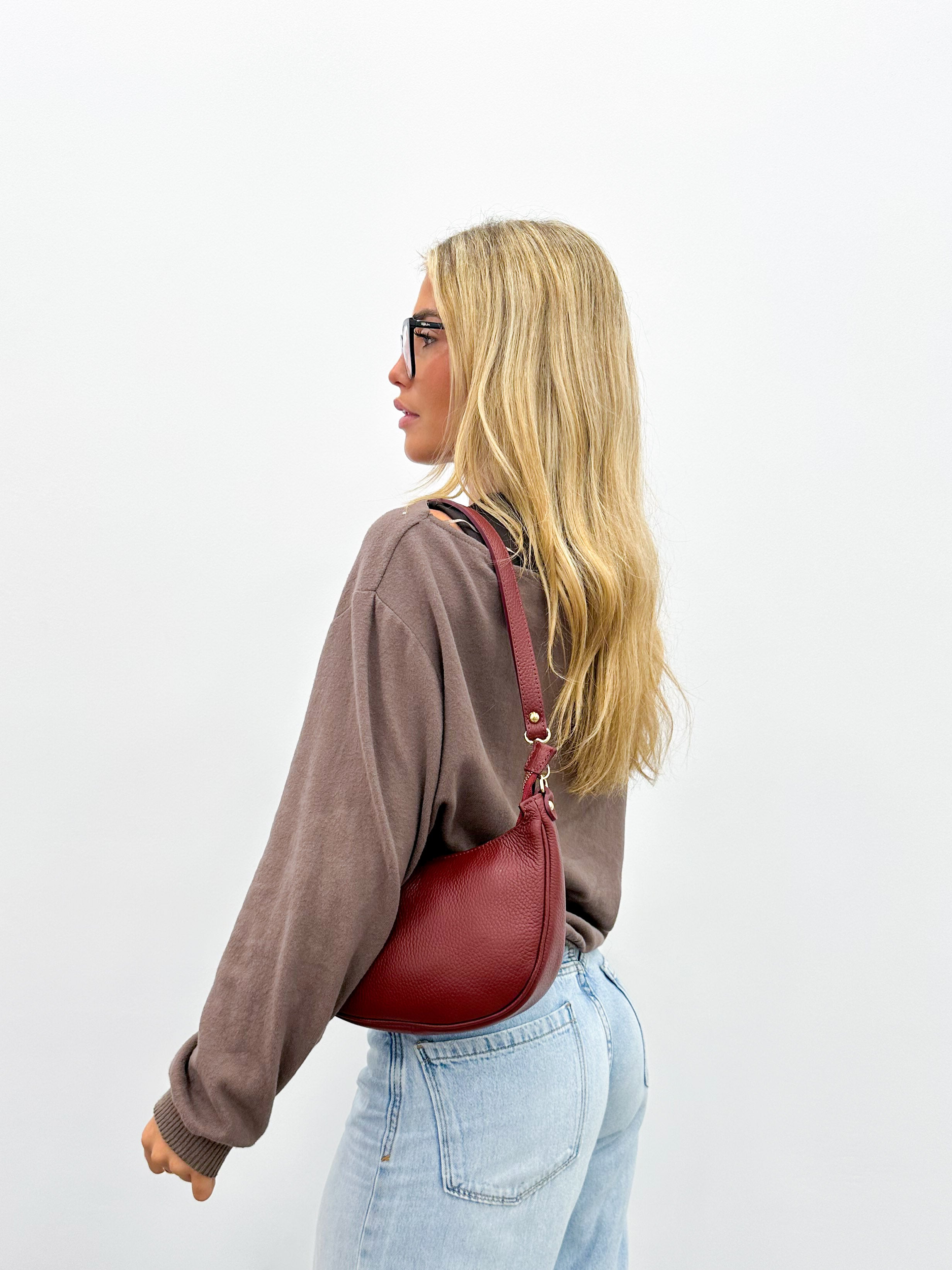 Burgundy leather half moon bag