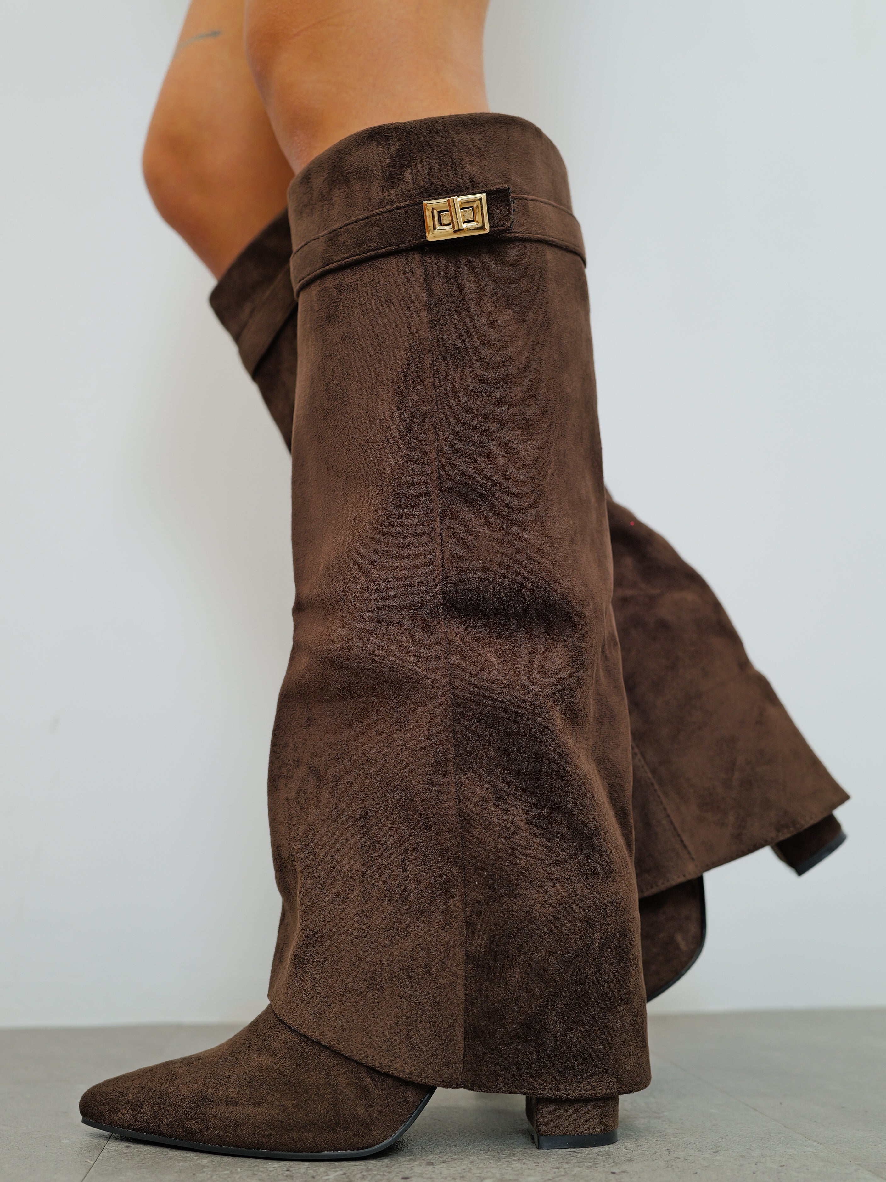 Brown suede detail flap heeled boot