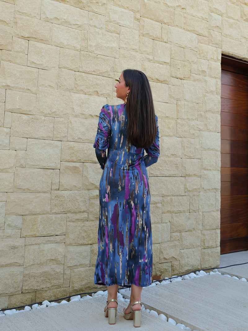 Blue printed ruffled sleeve dress