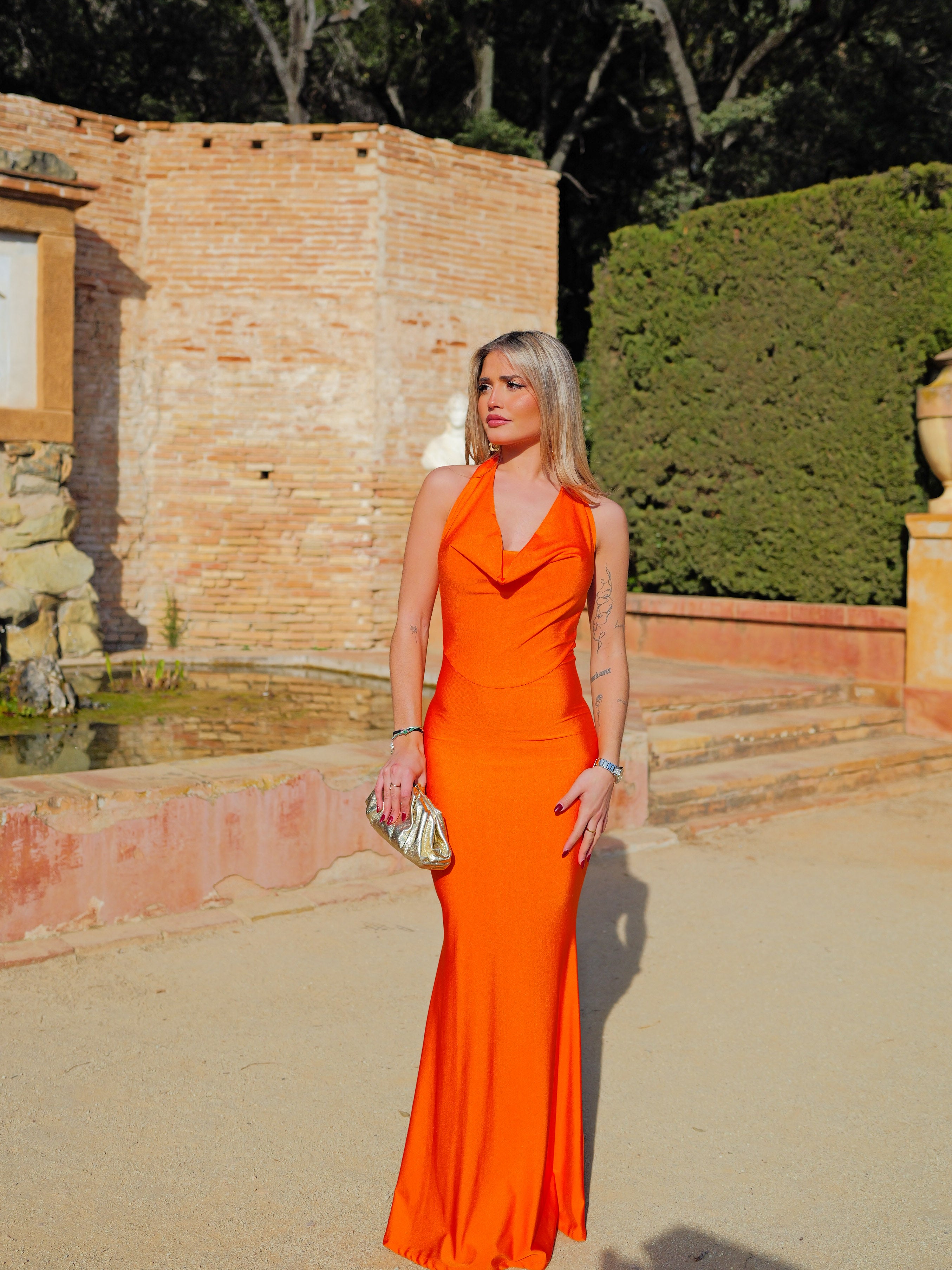 Long orange waterfall dress