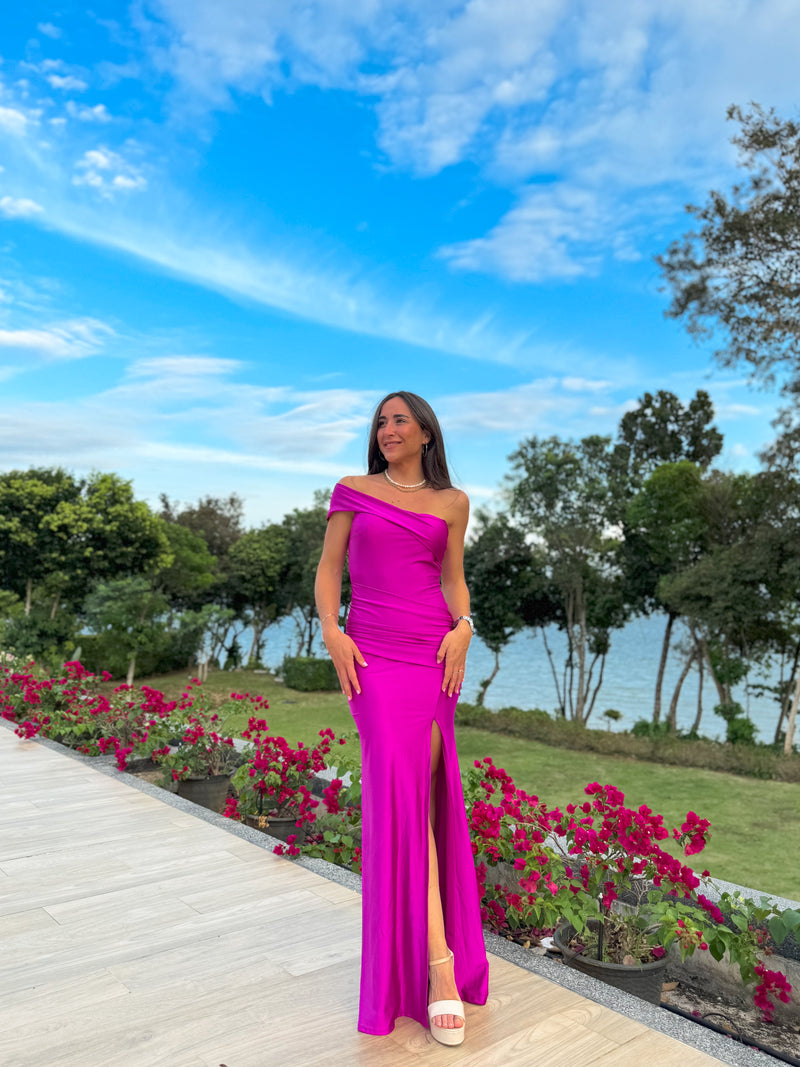 Fuchsia asymmetric boat dress