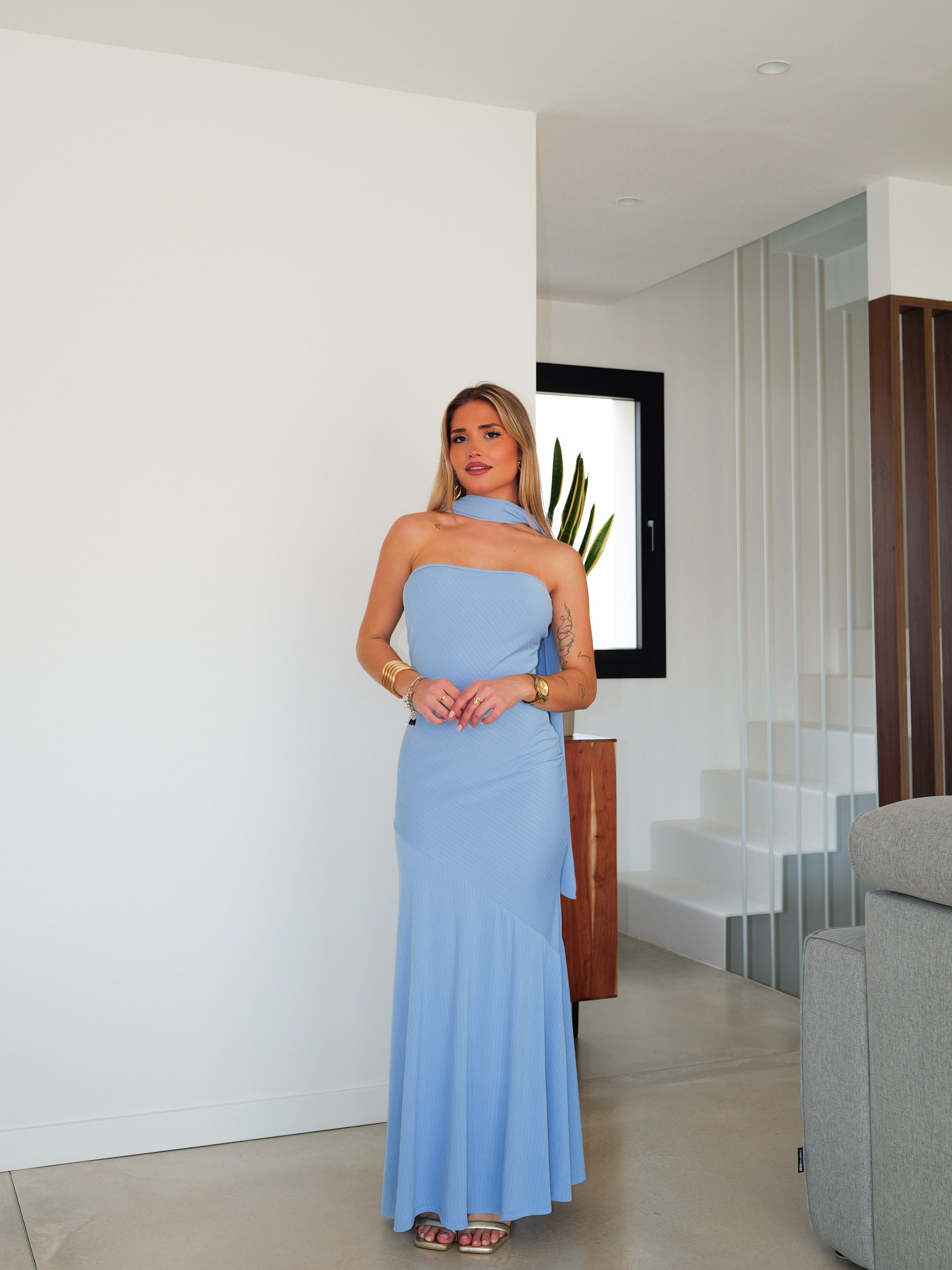 Light blue pleated choker dress