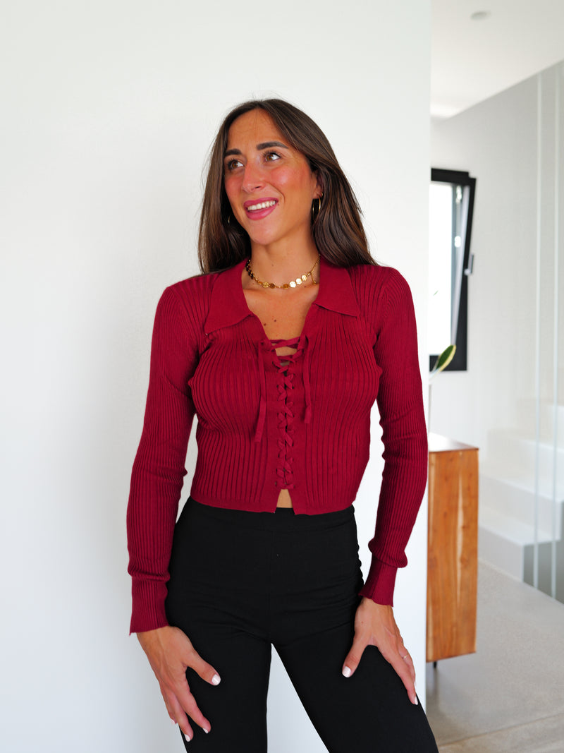 Burgundy ribbed V-neck sweater