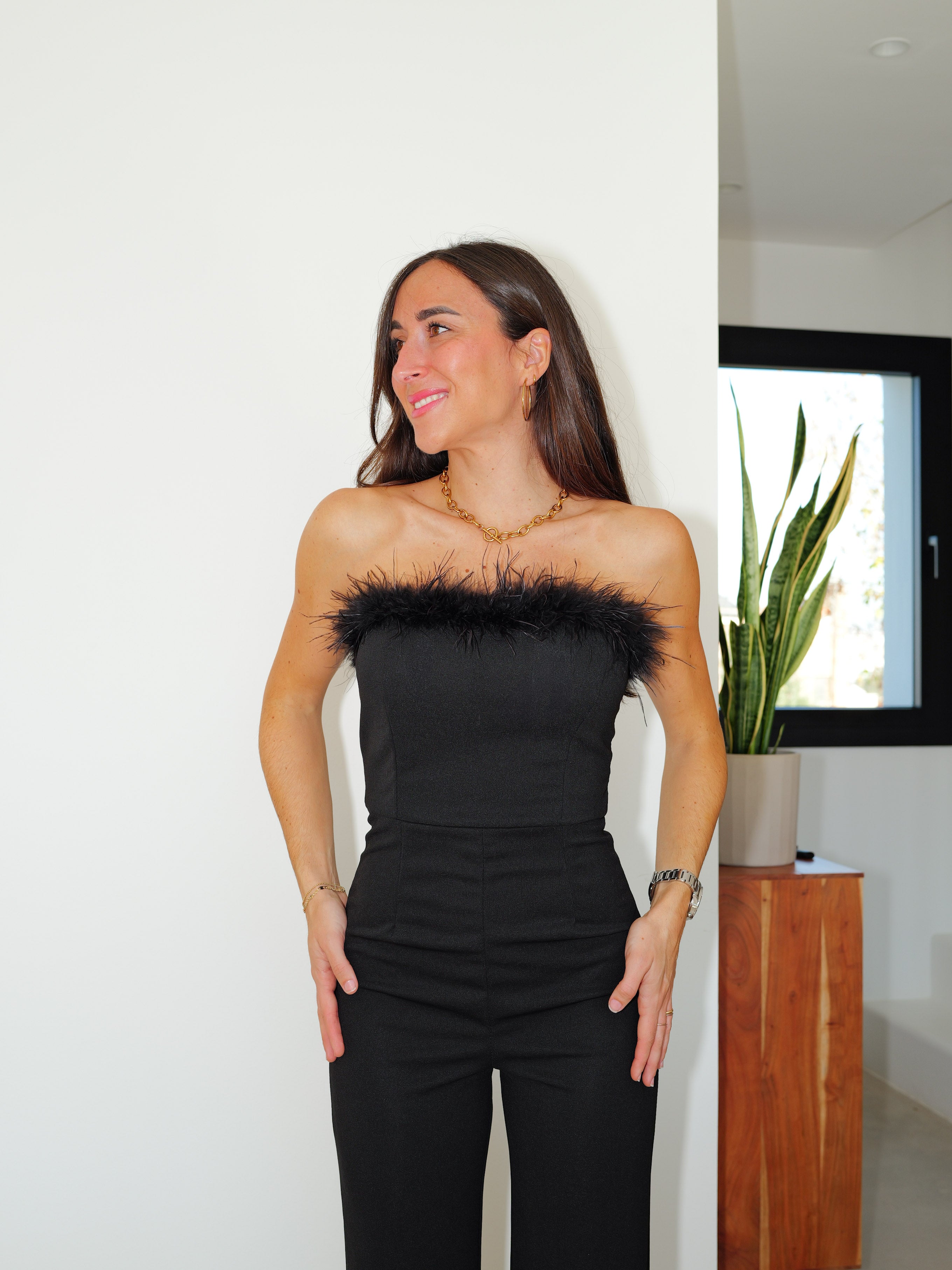 Long black feather jumpsuit