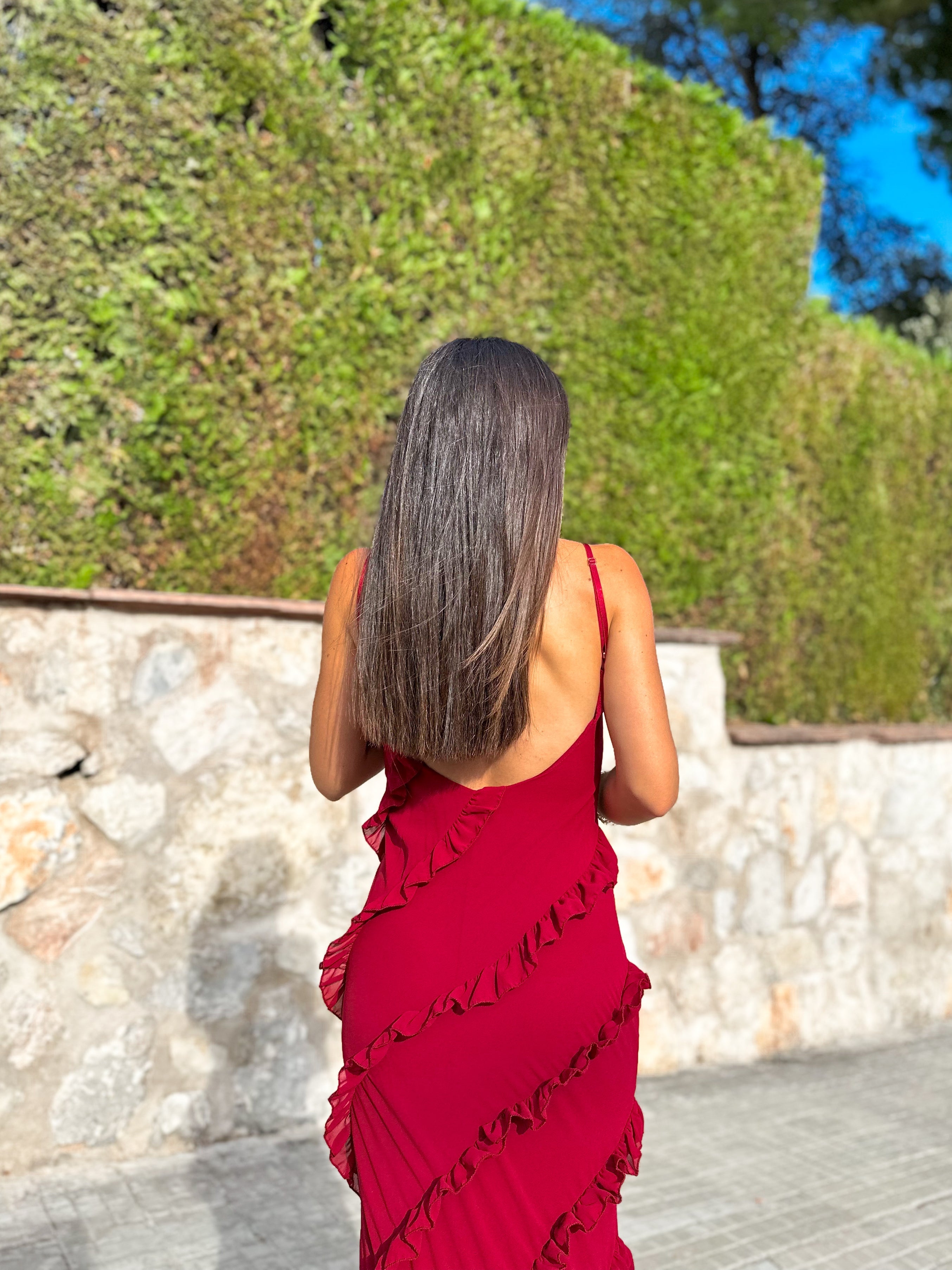 Burgundy crepe flounce dress