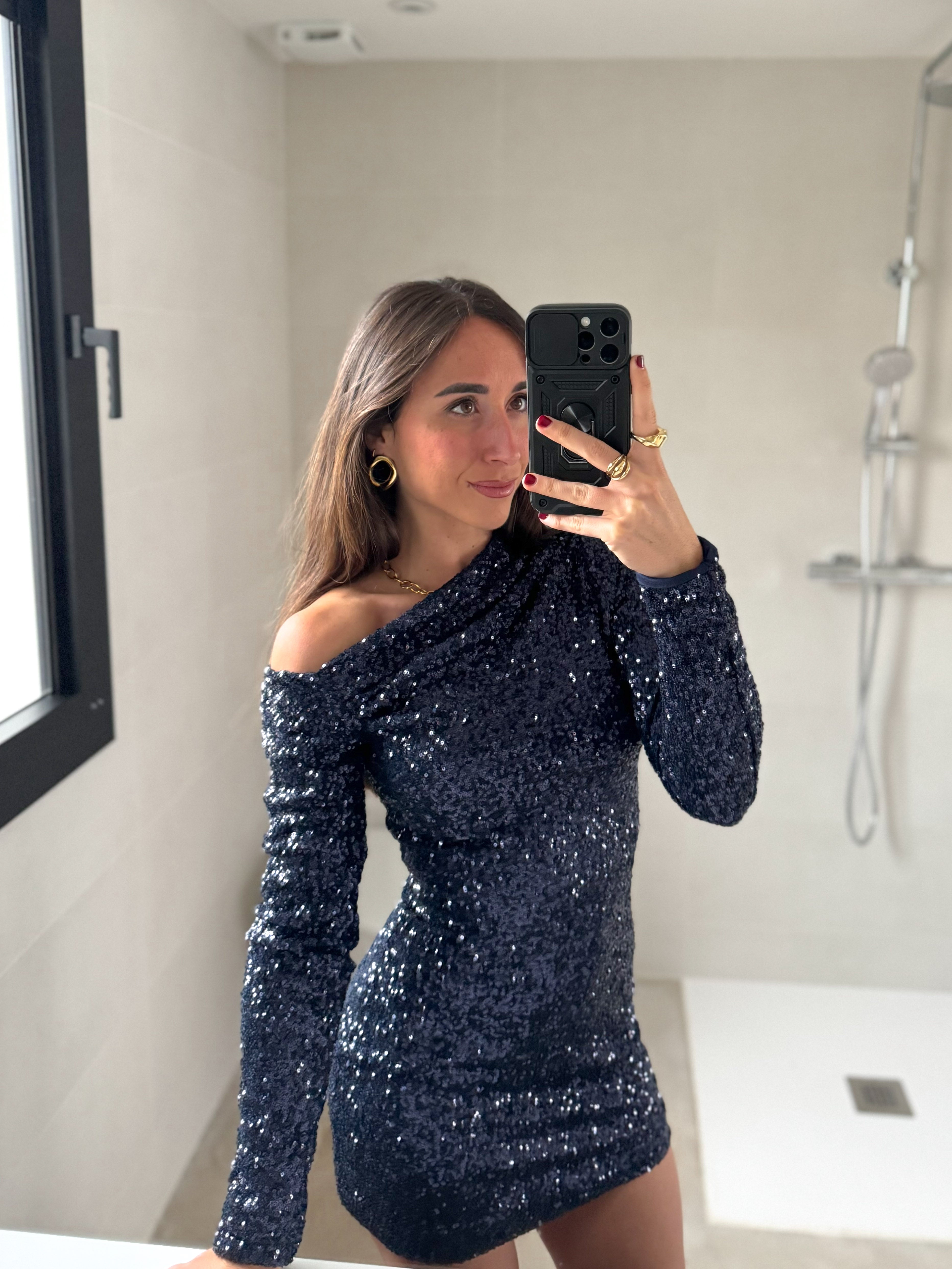 Navy glitter asymmetric mini dress