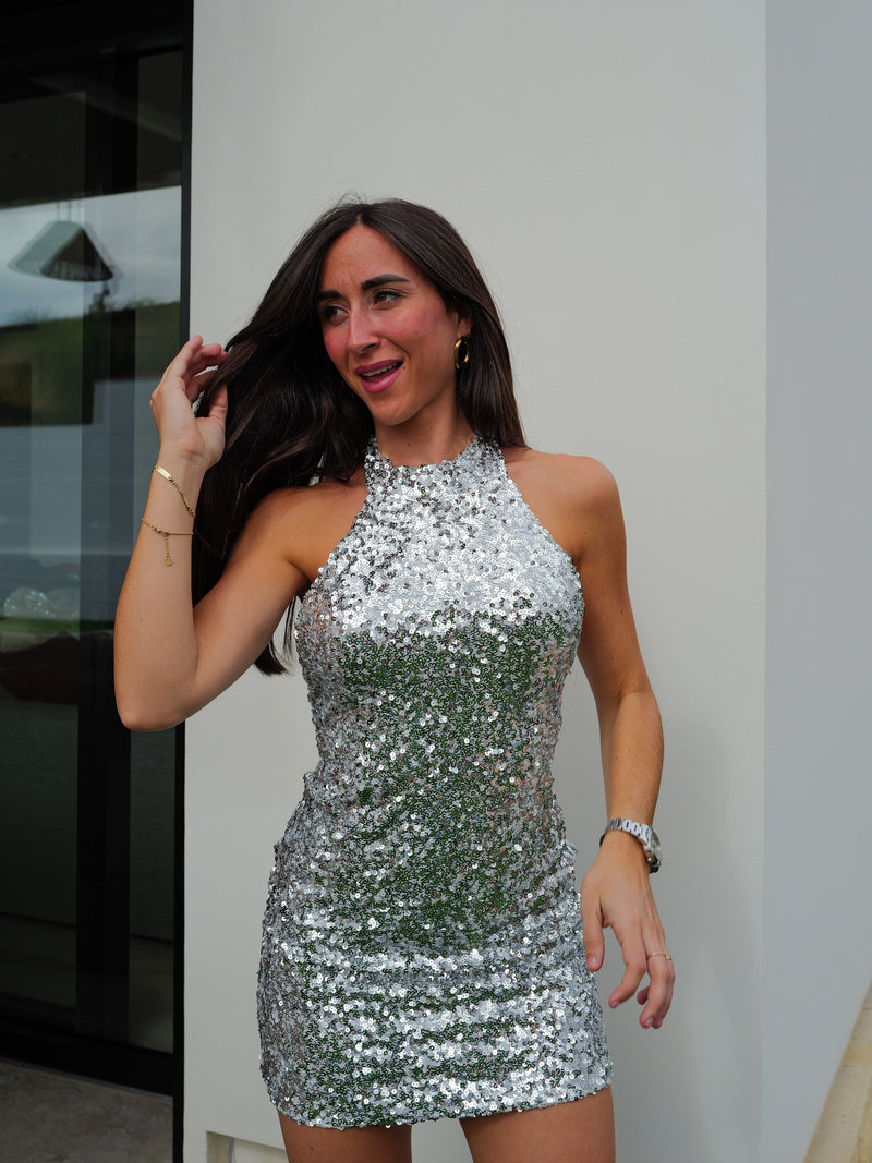 Pearl sequin halter dress