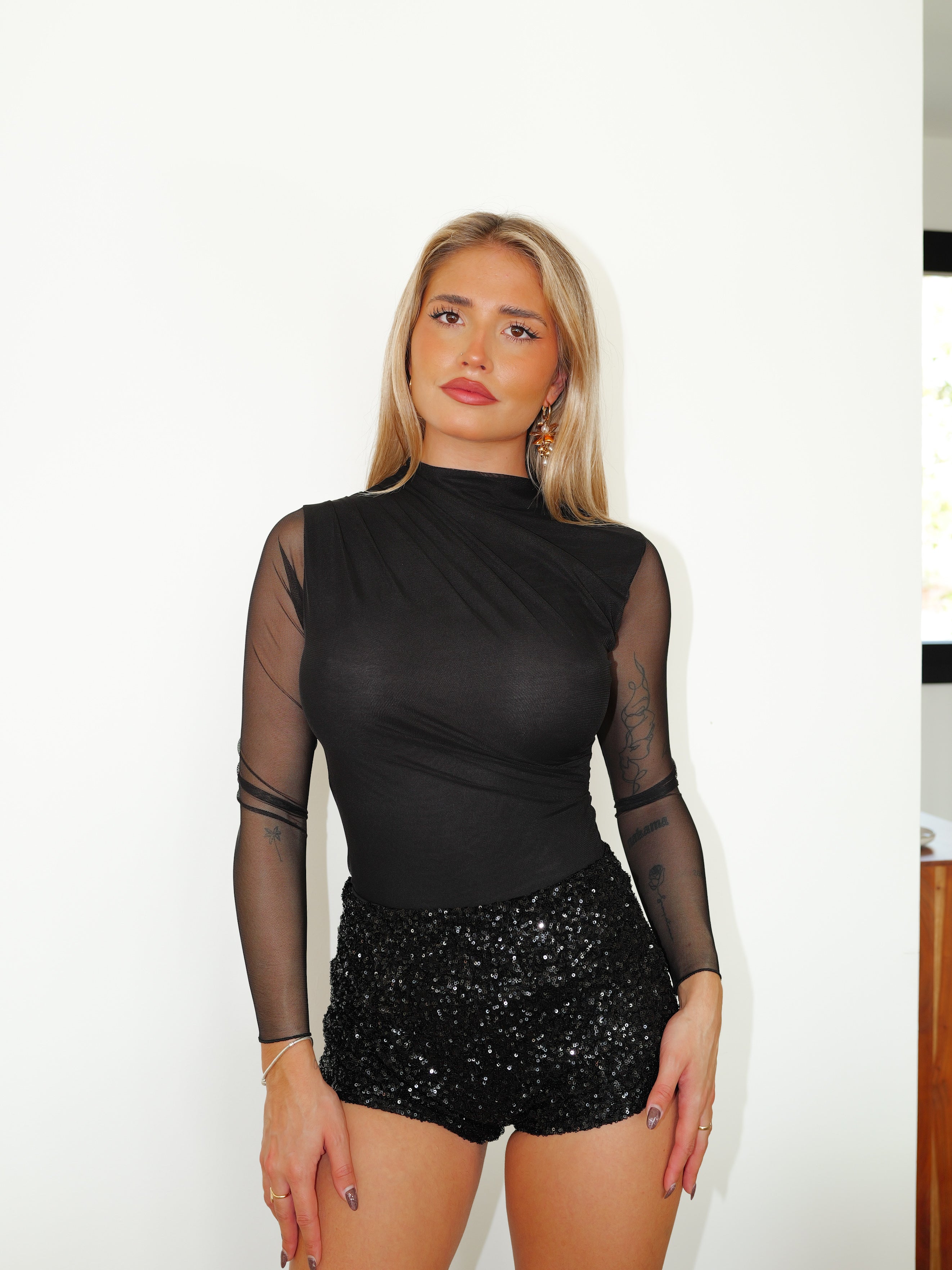 Black tulle sleeved bodysuit