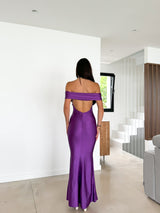 Purple satin bardot back dress