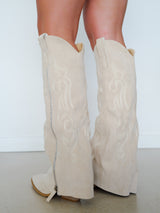 Beige embroidered suede flap boot