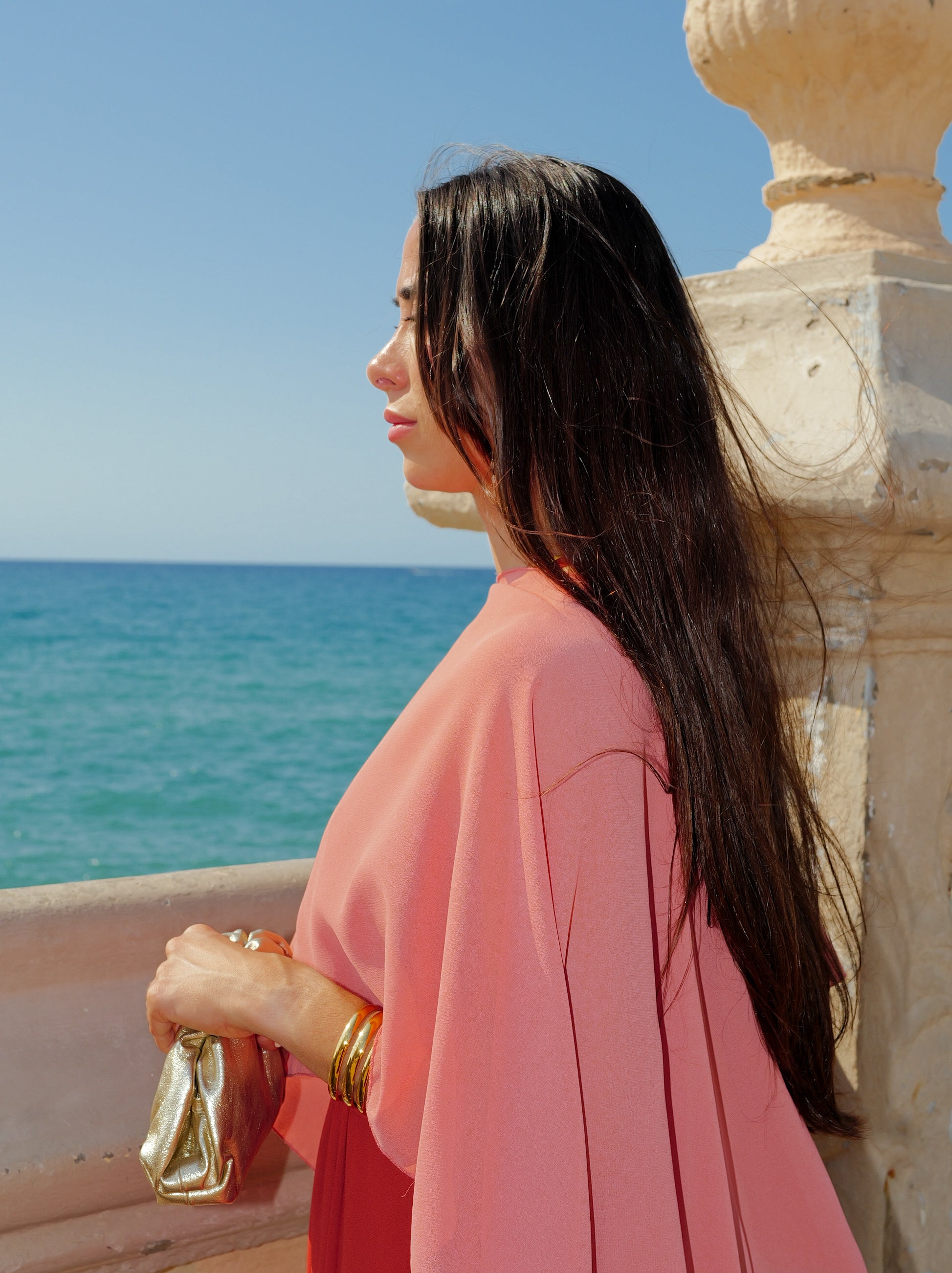 Coral chiffon cape shawl