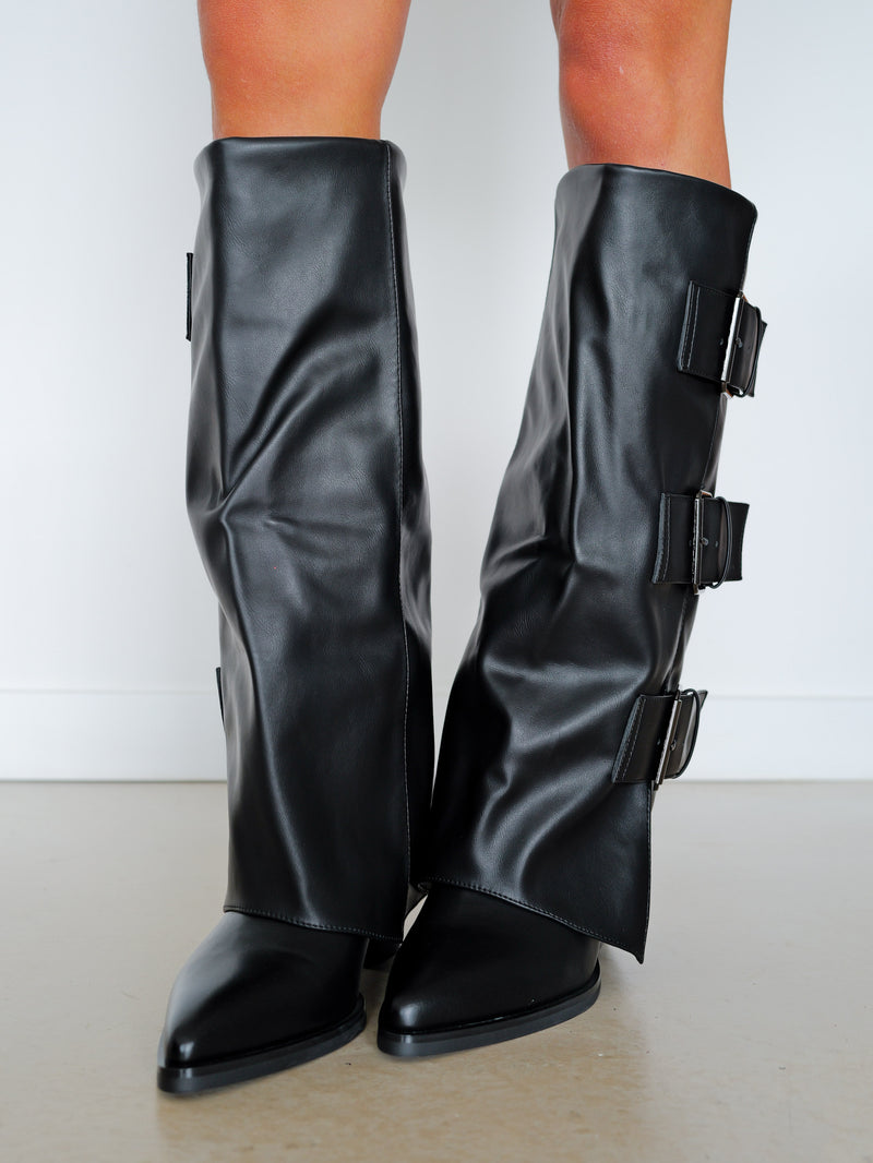 Black buckle flap heeled boots