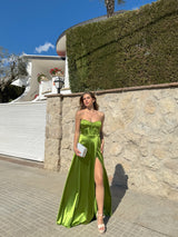 Olive satin strapless dress