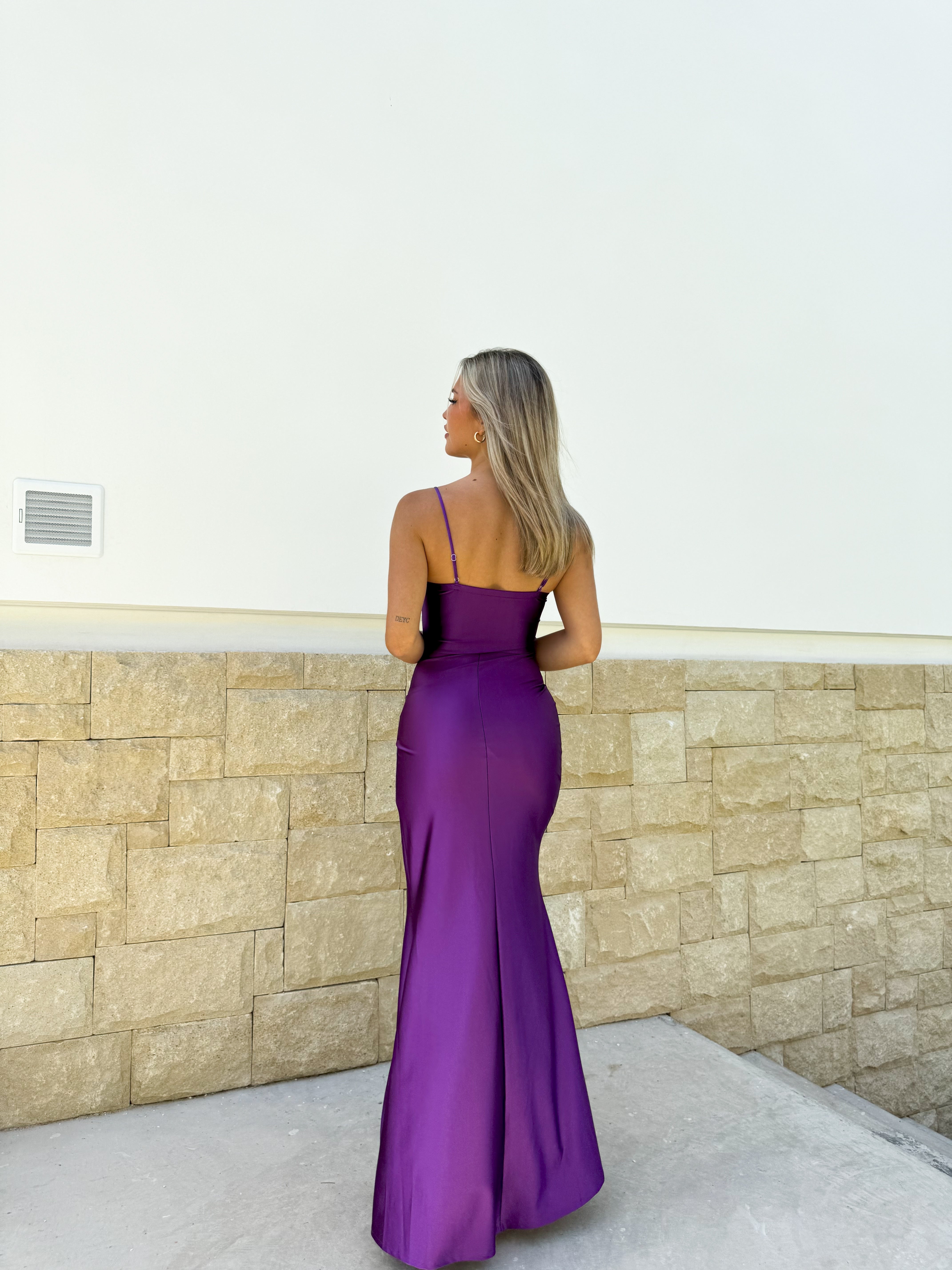 Long purple satin corset dress