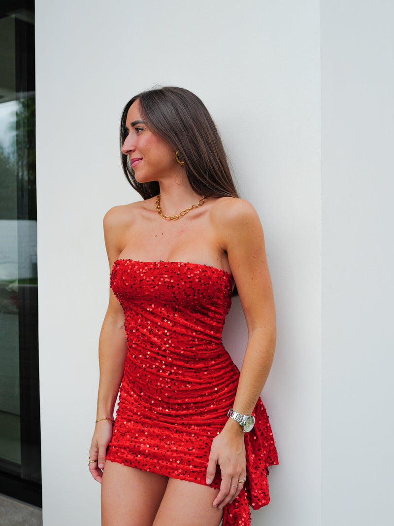 Red velvet ruffle glitter dress