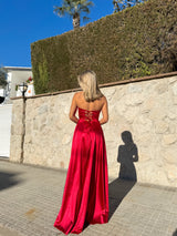 Red satin strapless dress