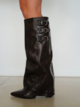 Brown three-buckle heeled boot