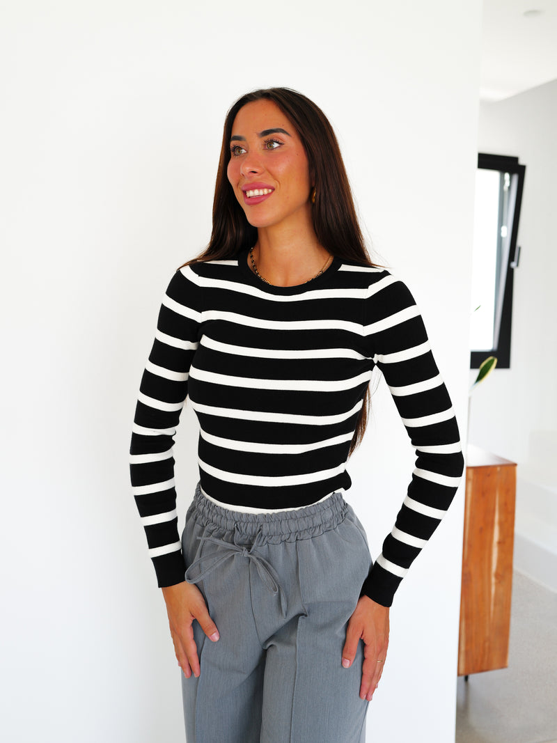 Black striped ribbed sleeve sweater