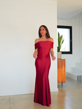 Burgundy satin bardot back dress