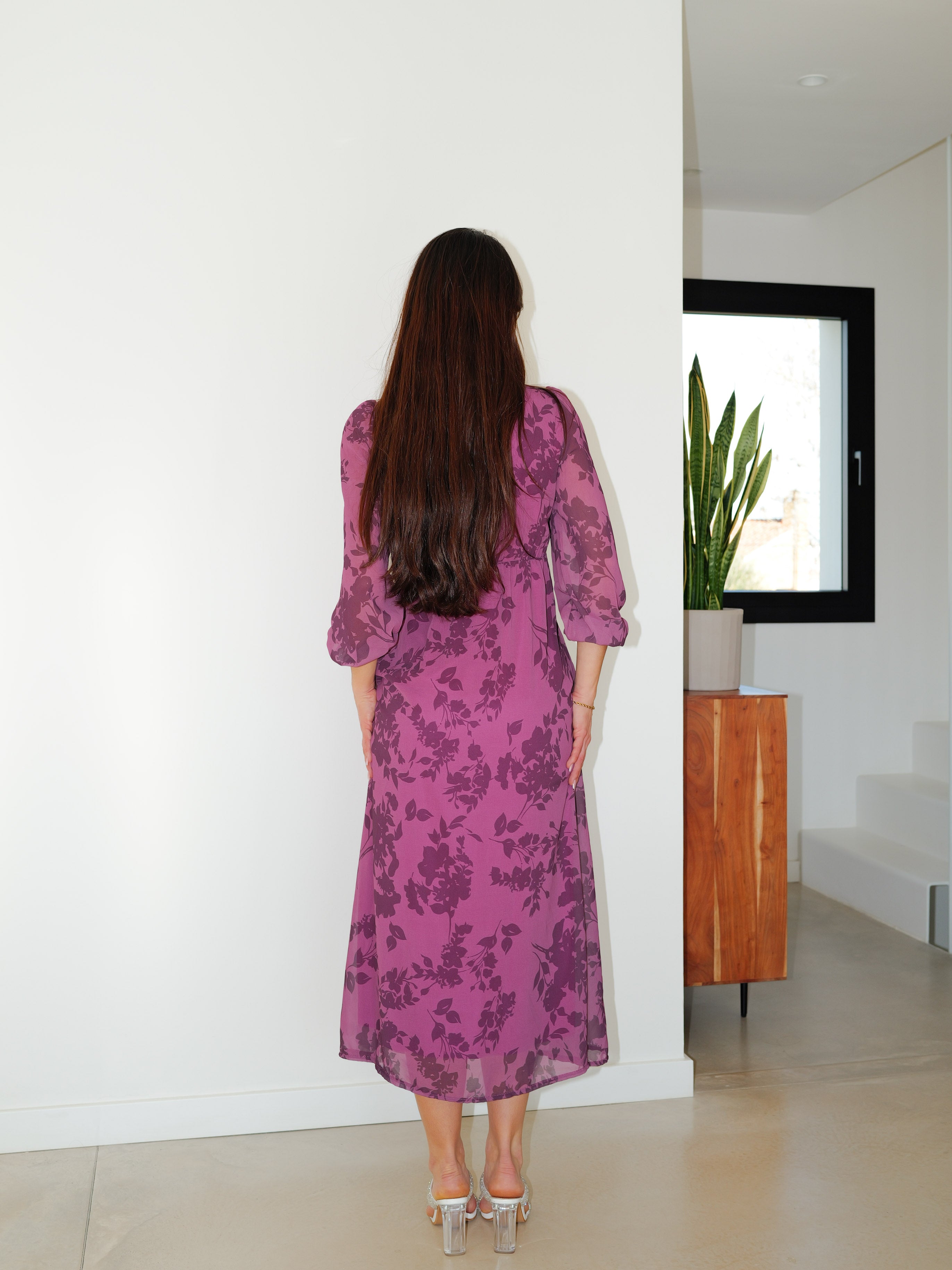 Raspberry print knot neck dress