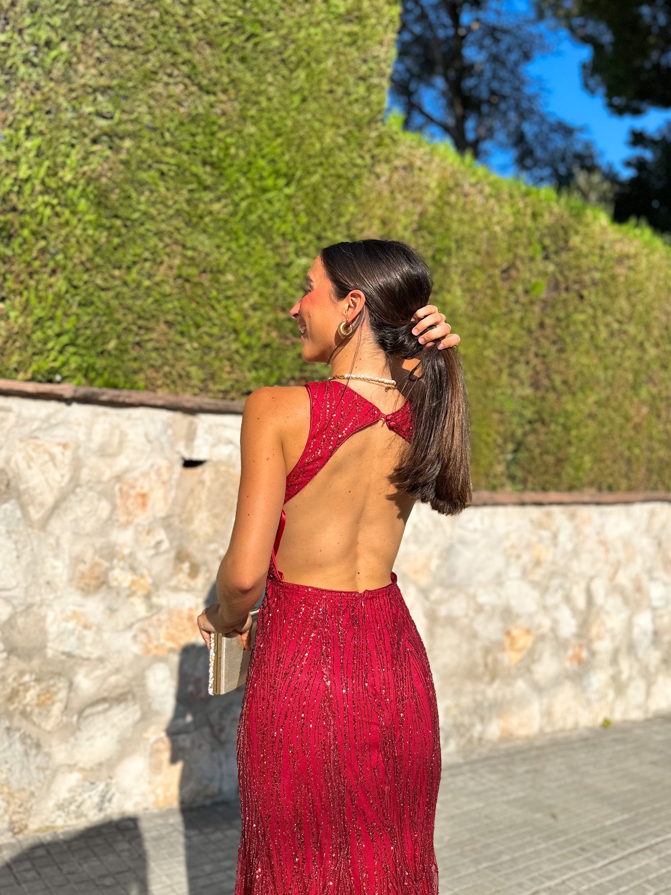 Back halter dress burgundy rhinestones