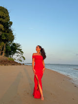 Red tight bardot dress