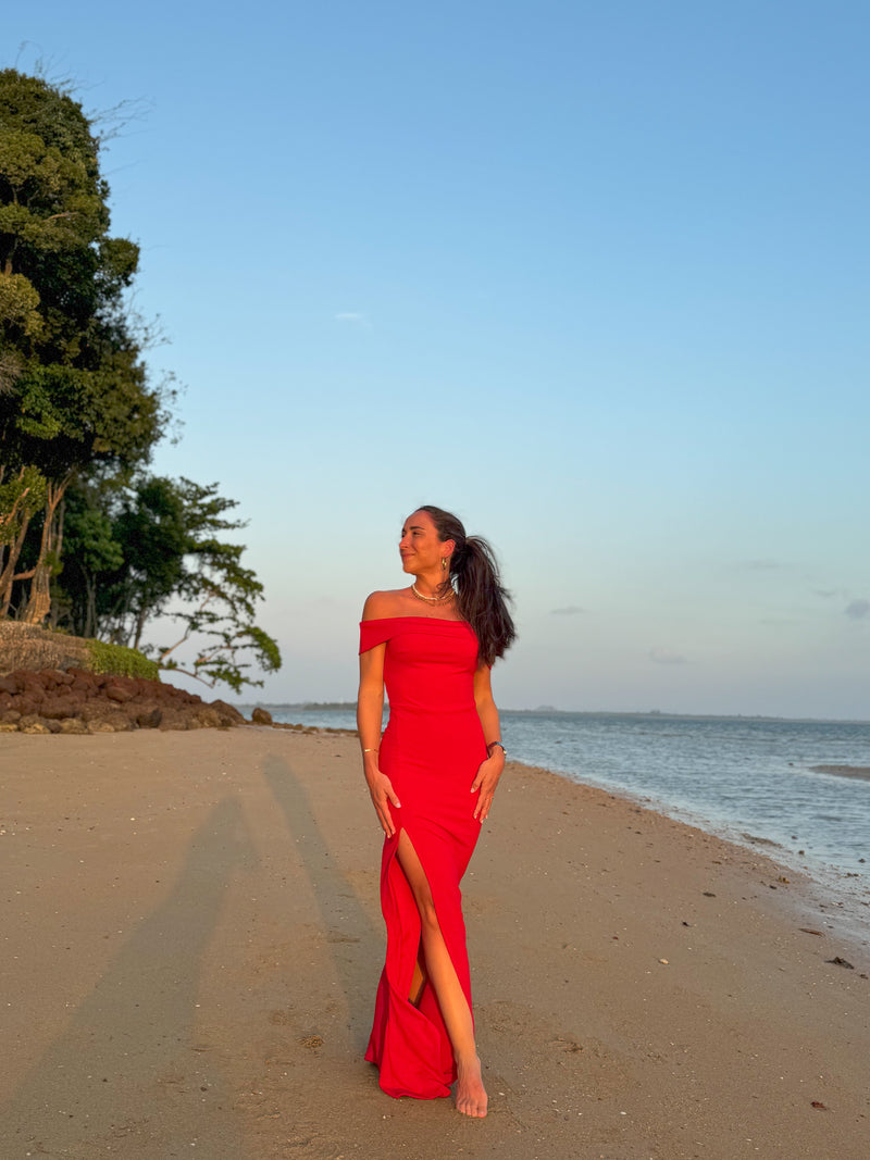 Red tight bardot dress