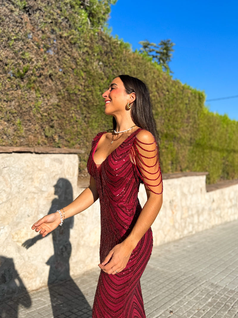 Wine mermaid pearl neckline dress