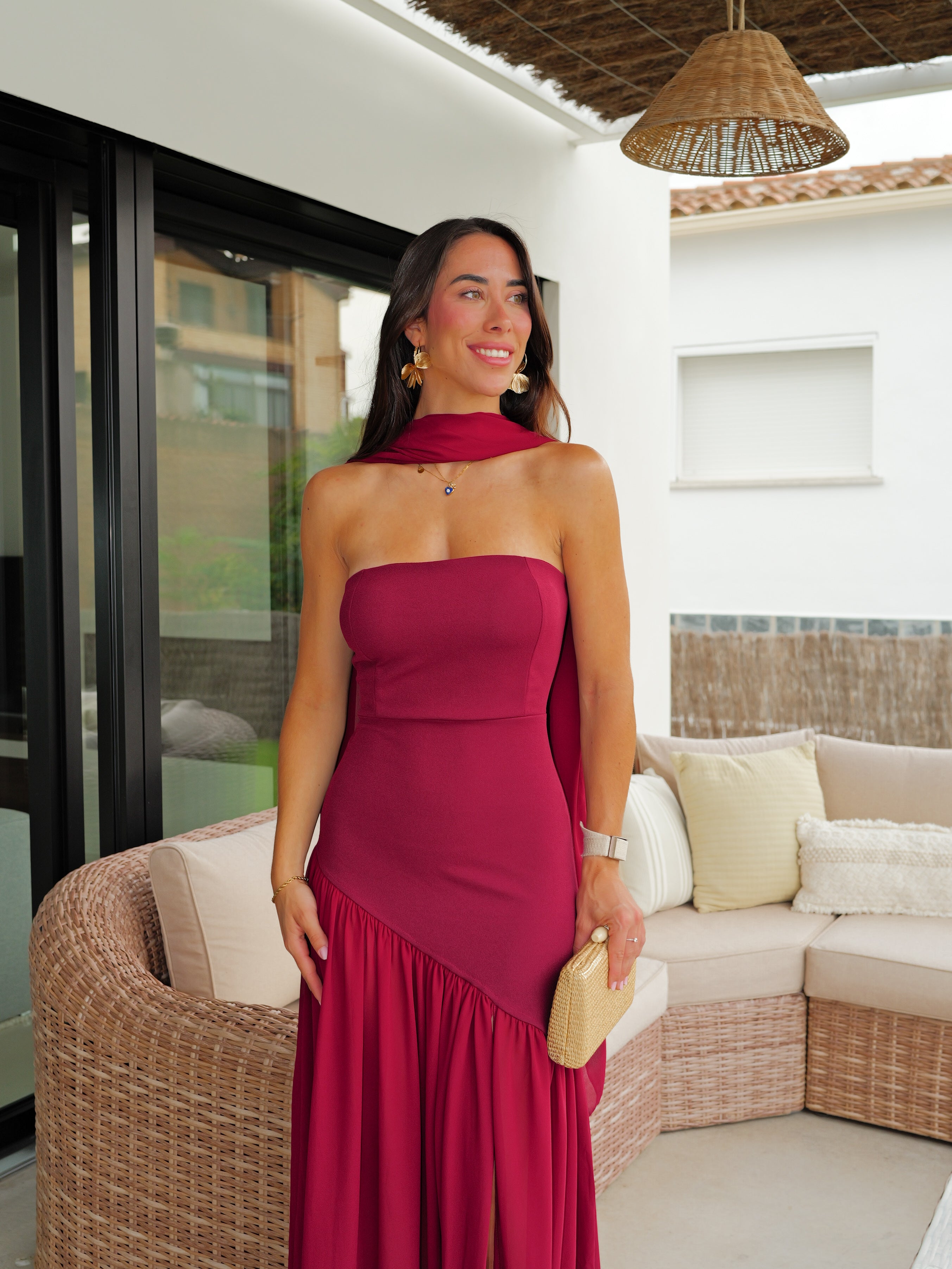 Burgundy tulle floor length dress