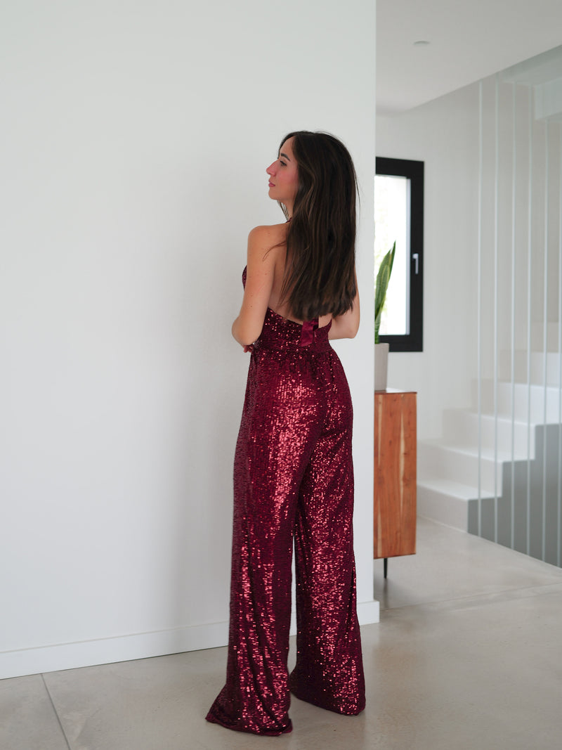 Burgundy bow back glitter jumpsuit