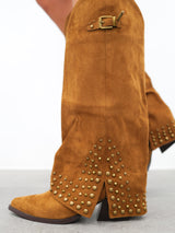 Camel suede studded heeled ankle boot