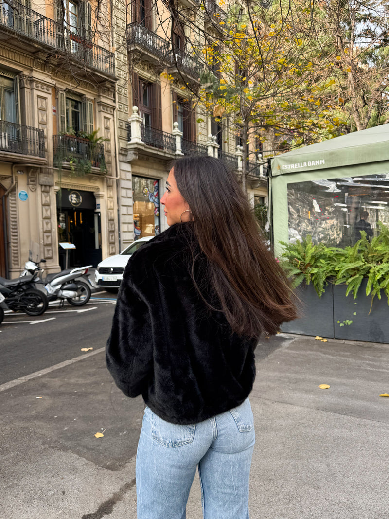 Black zippered fur jacket