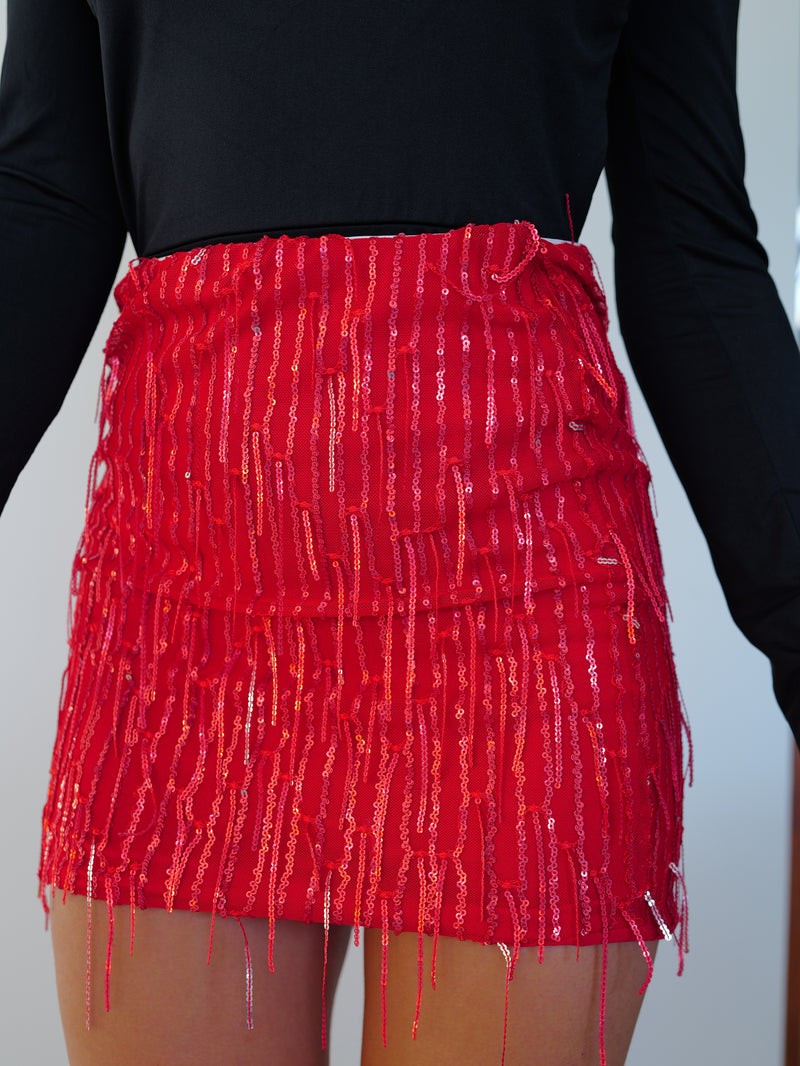 Falda mini glitter flecos rojo