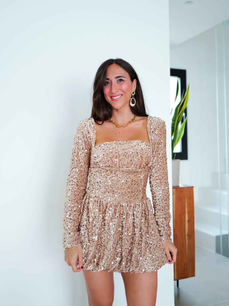 Beige sequin velvet pompous dress