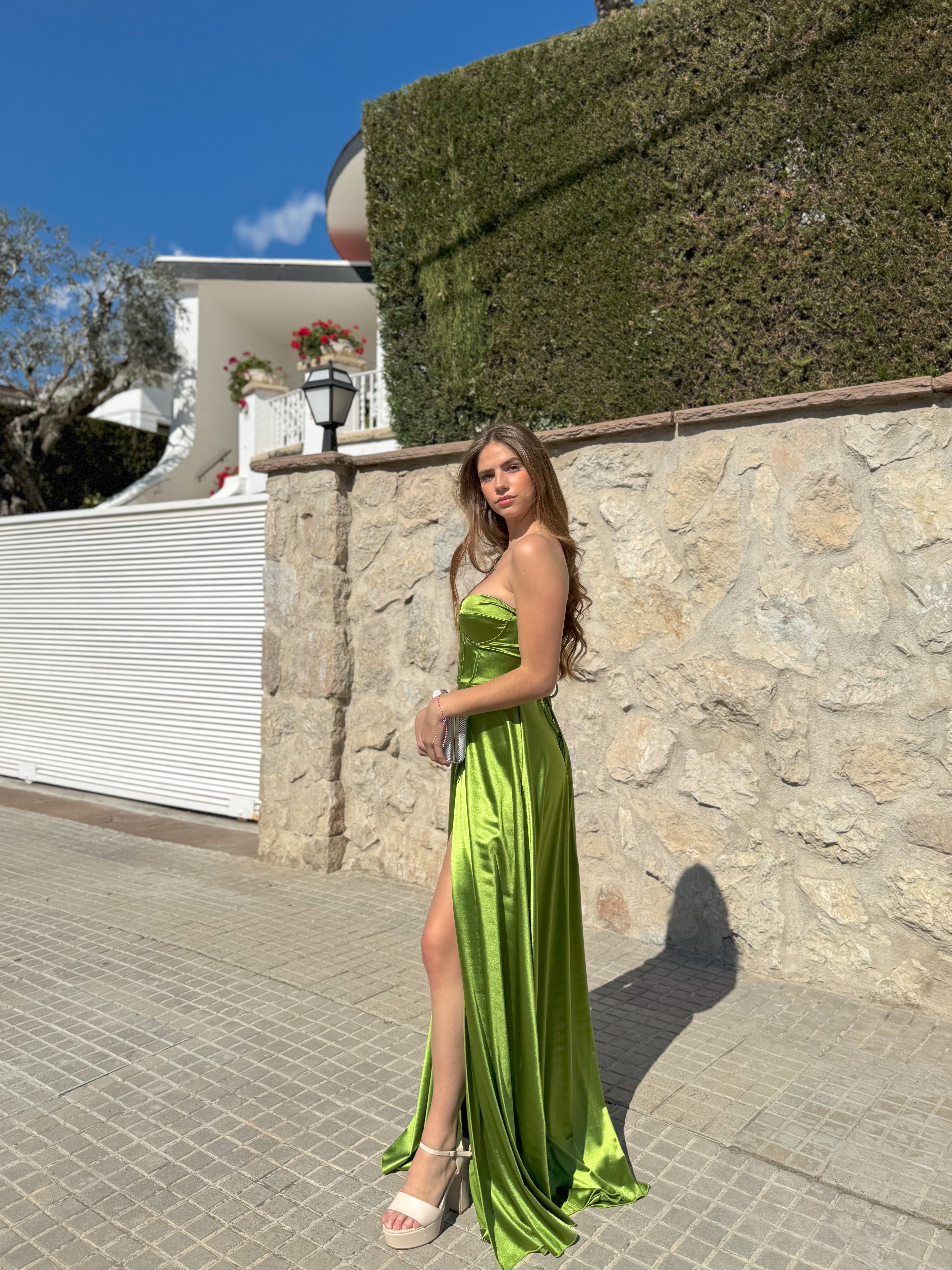 Olive satin strapless dress