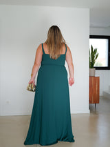 Long dress with draped V-neck and bottle neckline