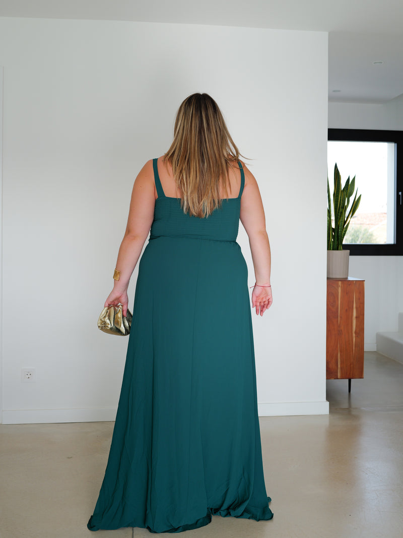 Long dress with draped V-neck and bottle neckline