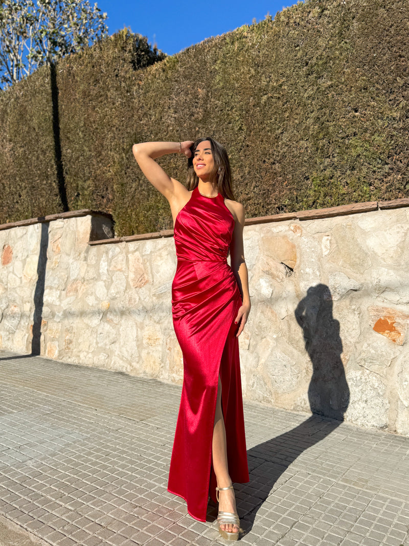 Long red draped halter dress