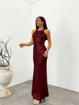 Burgundy halter length glitter dress