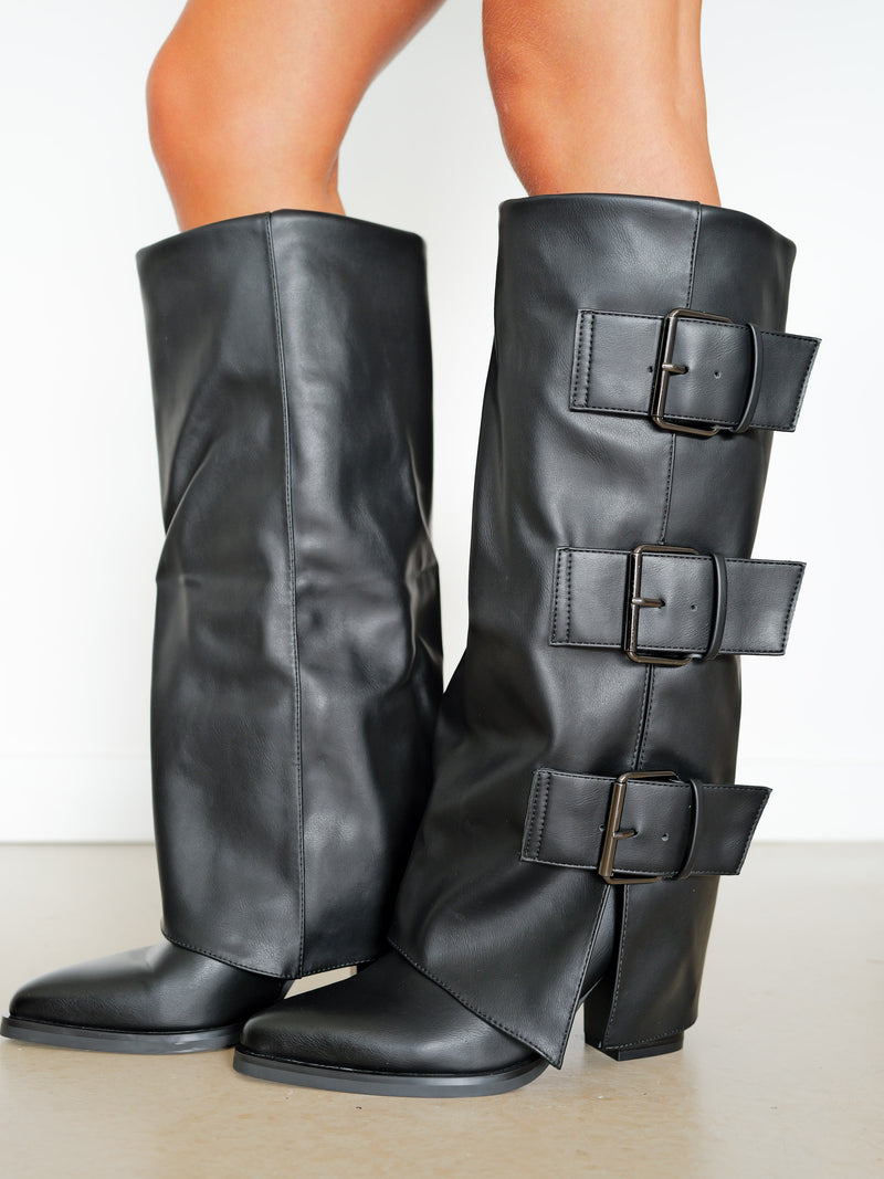 Black buckle flap heeled boots