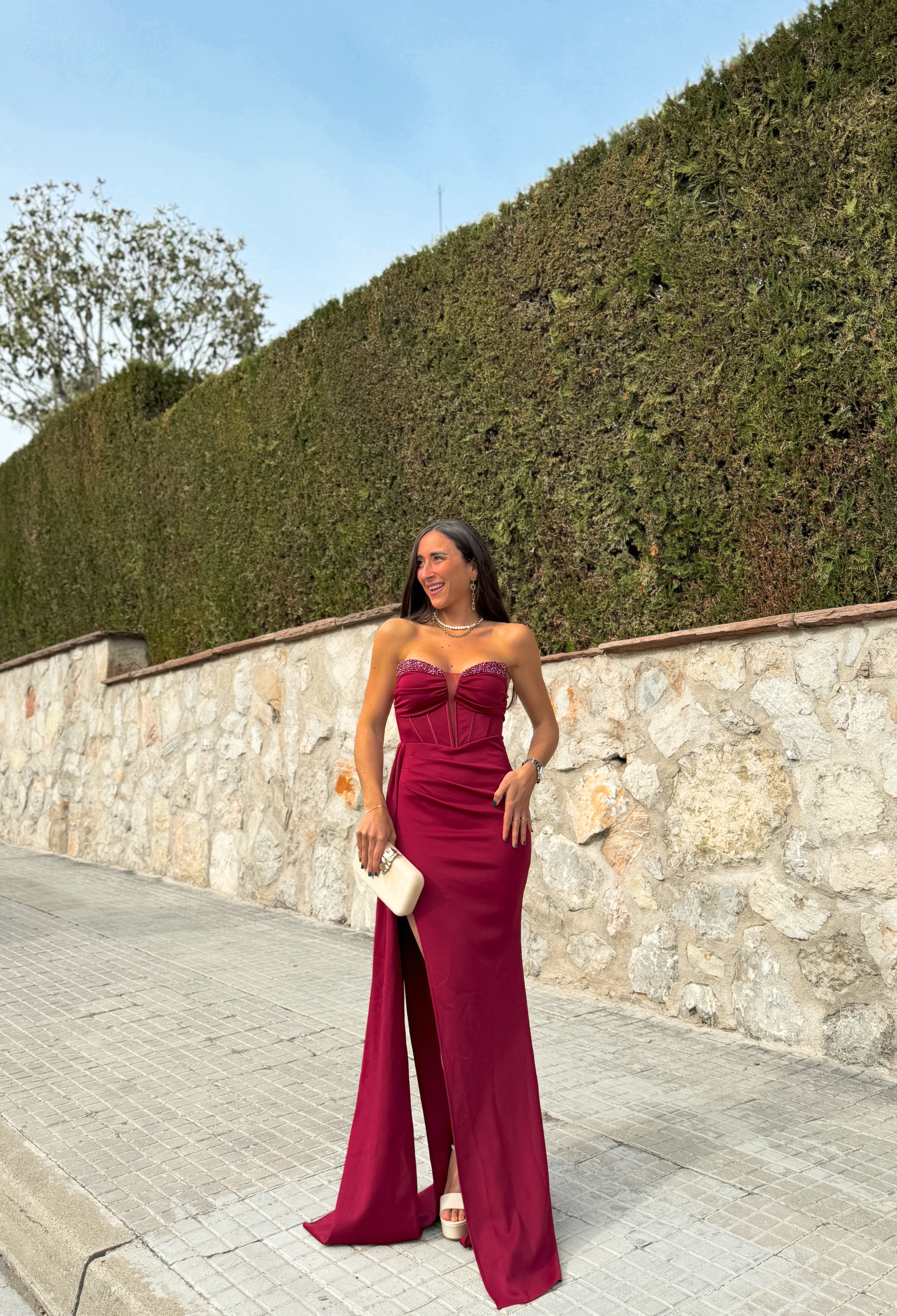 Burgundy rhinestone cups dress