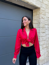 Red satin lace blouse