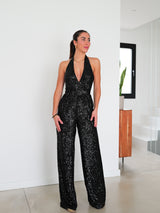 Black bow back glitter jumpsuit