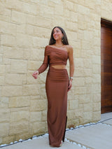 Brown sleeve dress with asymmetrical slit