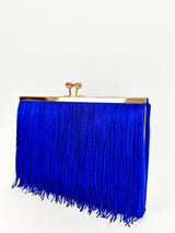 Blue fringed suede clutch