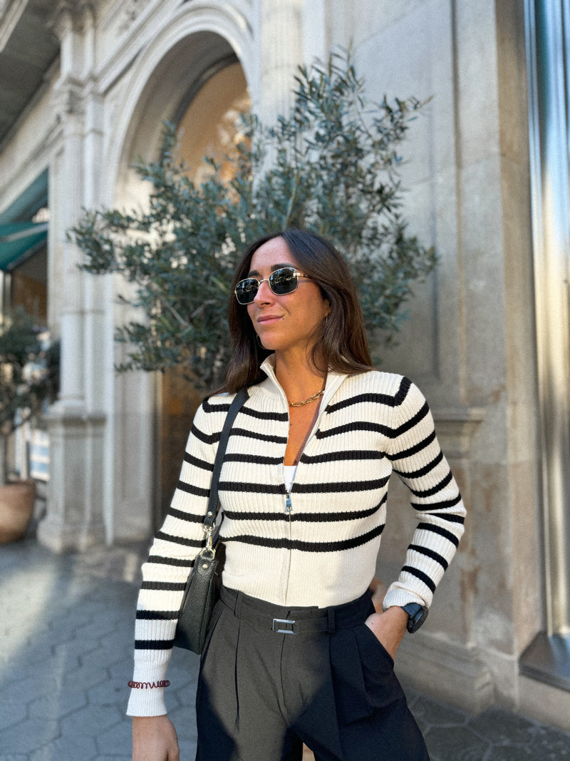 Beige striped ribbed zipper sweater